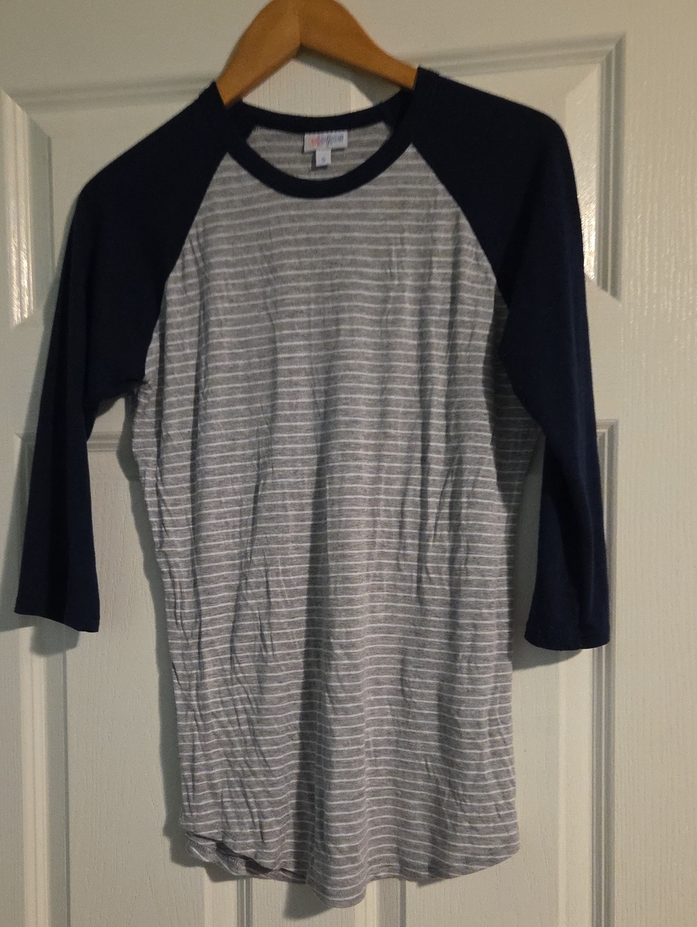 LuLaRoe Gray Striped Tee with Navy Trim